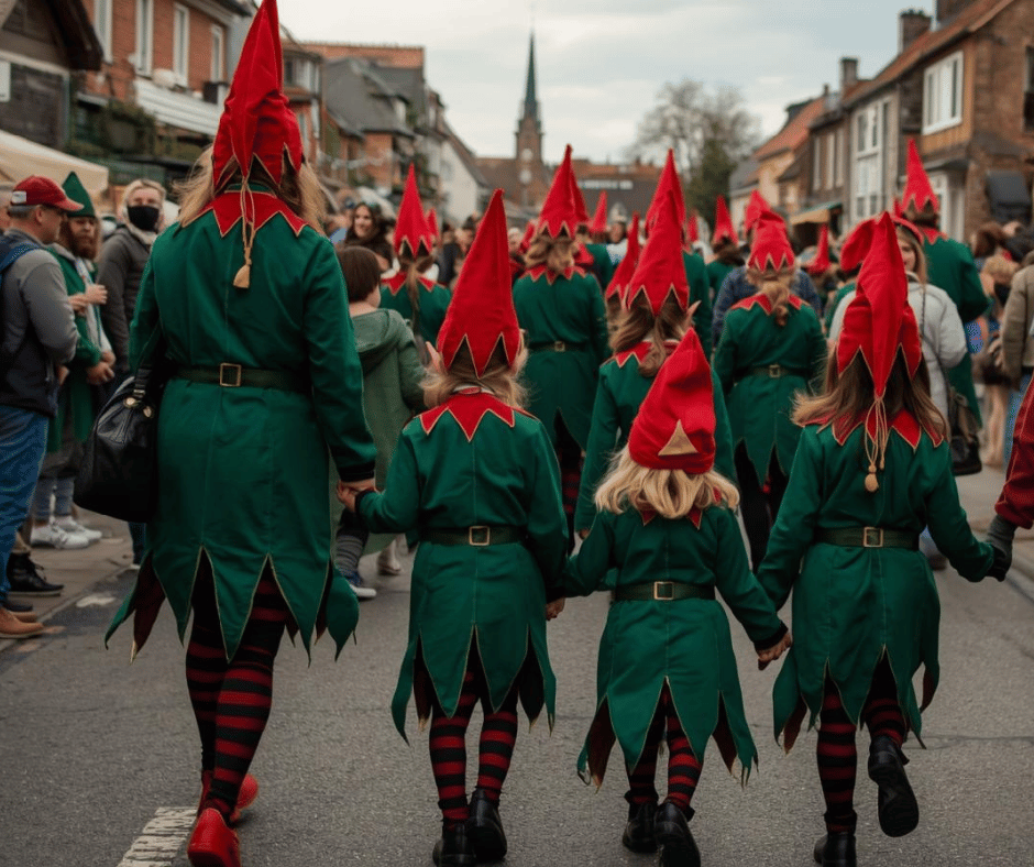 Waldwichtel, die an einem Karnevalszug mitlaufen