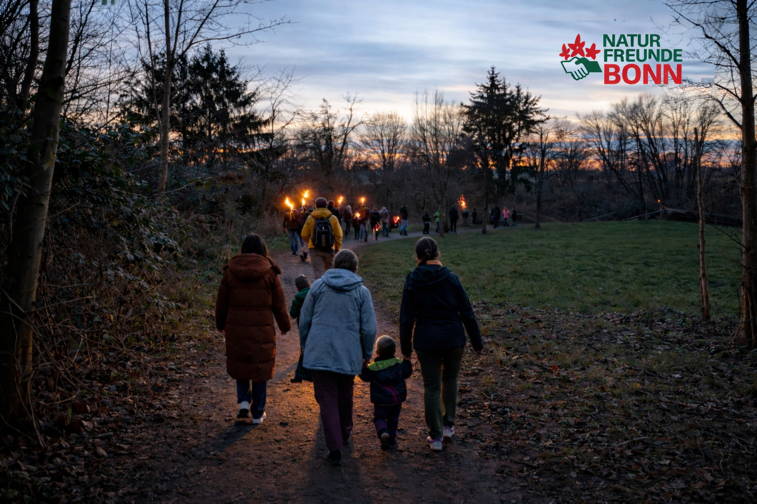 Menschen, die in der Narut mit Fackeln einen Weg entlanggehen